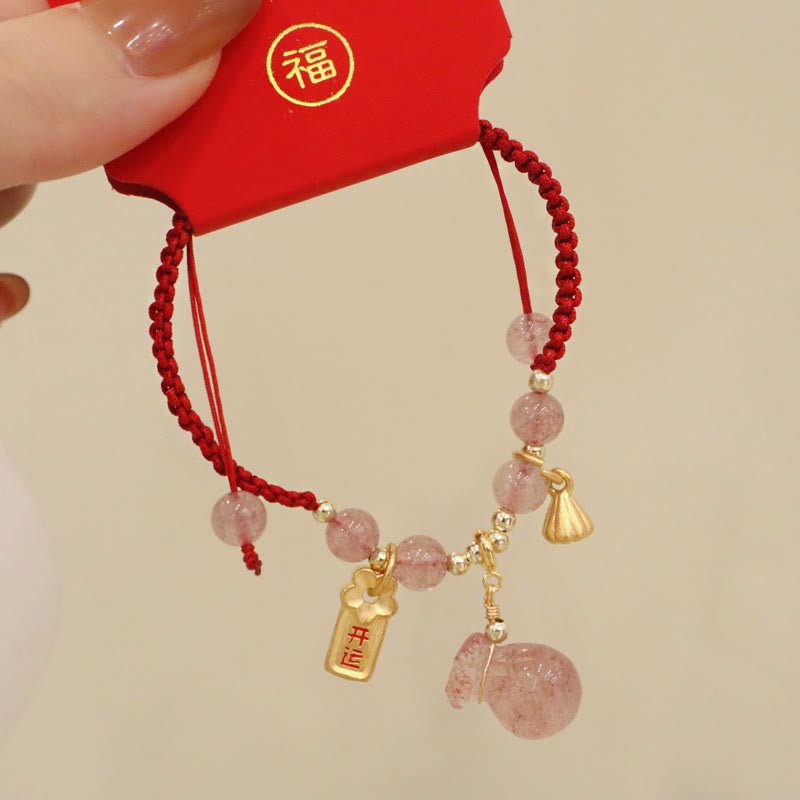 Buddha Stones Natürlicher Erdbeerquarz-Geldbeutel-Lotus-Heilzauber-Charm, rote Schnur, geflochtenes Armband
