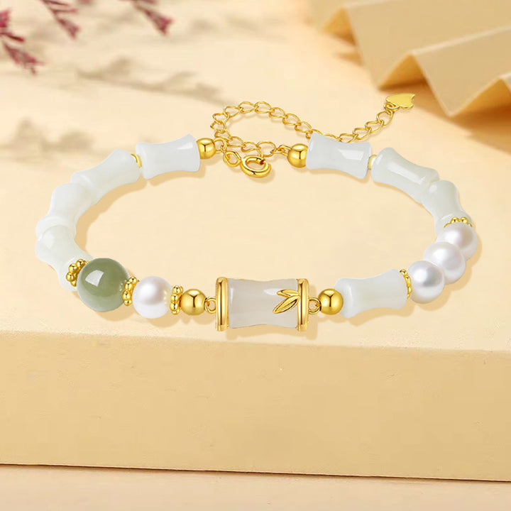 Buddha Stones 925 Sterling Silber natürliche Hetian Weiß Jade Bambus Glück Segen Armband