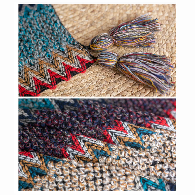 Buddha Stones Tibetischer Schal Blau Beige Rot Wellenmuster Winter Warmer Quastenschal