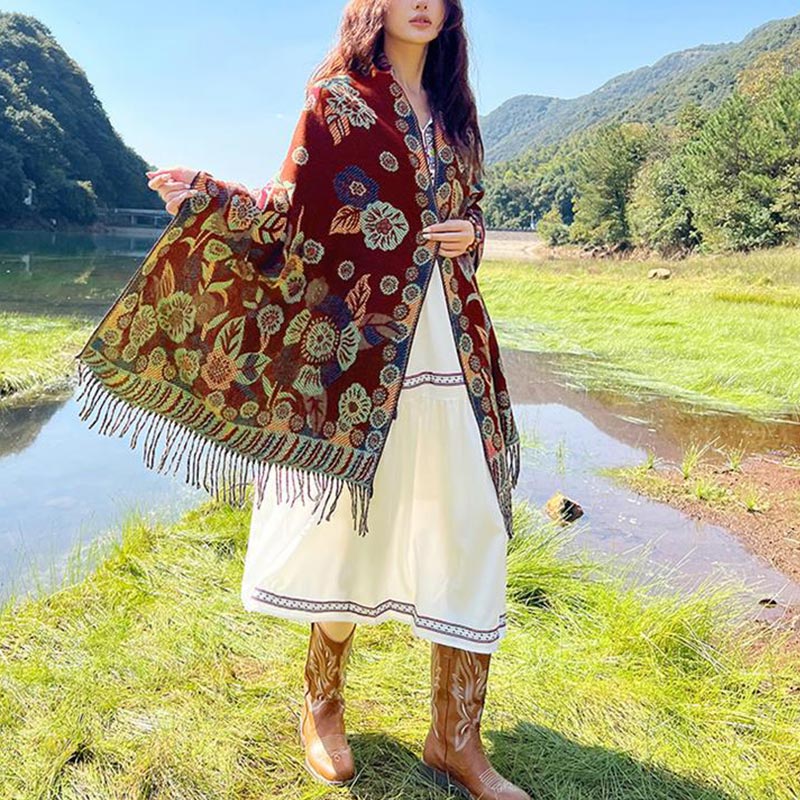 Schal mit Buddha Stonesn, tibetischer Blume, Blumenmuster, Blättermuster, gemütlicher Reiseschal