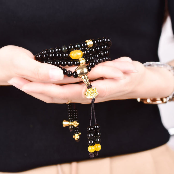 Buddha Stones, 108 Perlen, natürlicher schwarzer Obsidian, Lotus-Erfüllungs-Mala-Armband