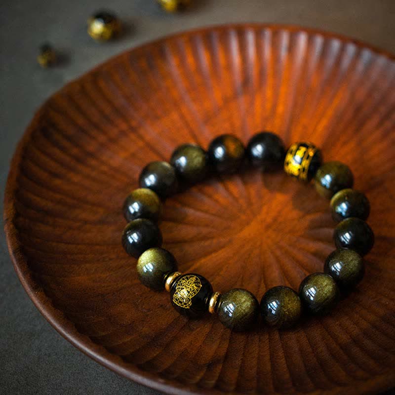Chinesisches Tierkreis-Natal-Buddha-Goldglanz-Obsidian-Armband zum Schutz des Reichtums