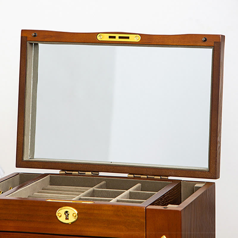 Buddha Stones Vintage Schmuckschatulle aus Holz mit großem Fassungsvermögen, Schmuckaufbewahrungsbox mit Spiegel
