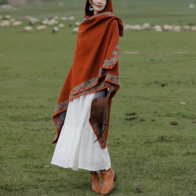 Buddha Stones Tibetischer Schal mit Rand, kleiner Blumen-Kapuzenumhang, gemütlicher Winter-Reiseschal