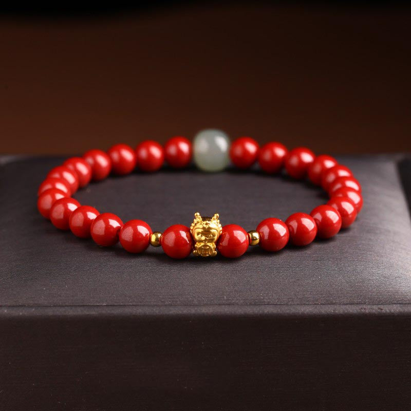Buddha Stones 999 Gold Jahr des Drachen natürliches Zinnober-Jade-Kupfer-Münze-Fu-Charakter-Segen-Armband