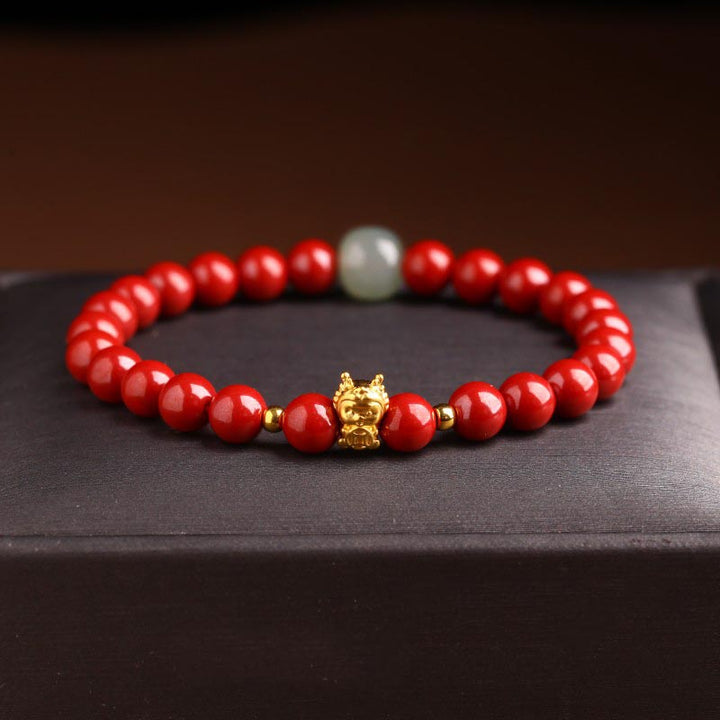 Buddha Stones 999 Gold Jahr des Drachen natürliches Zinnober-Jade-Kupfer-Münze-Fu-Charakter-Segen-Armband