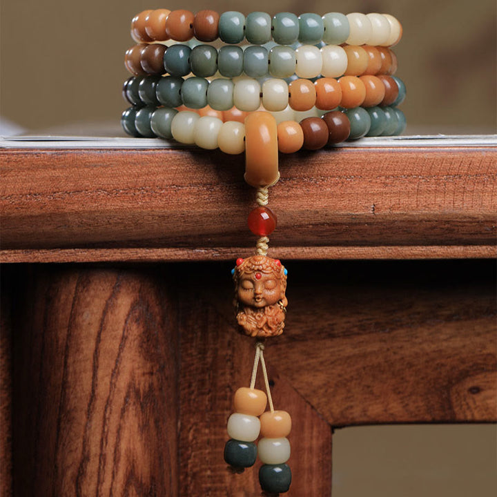 Buddha Stones, 108 Mala-Perlen, Farbverlauf, Bodhi-Samen, grünes Tara-Buddha-Armband mit Gravur „Peace Harmony“.