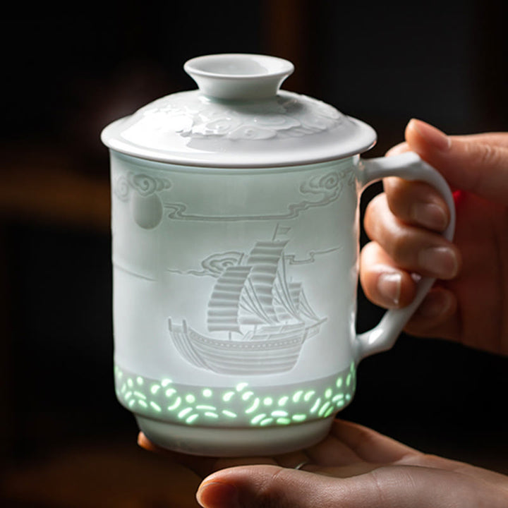 Buddha Stones Jingdezhen Linglong Porzellan Auspicious Dragon Phoenix Boat Smooth Sailing Keramik Teetasse Büro Teetassen 420 ml