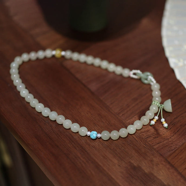 Buddha Stones 925 Sterling Silber Hetian Jade Doppelte Friedensschnalle Lotus Glück Doppeltes Wickelarmband