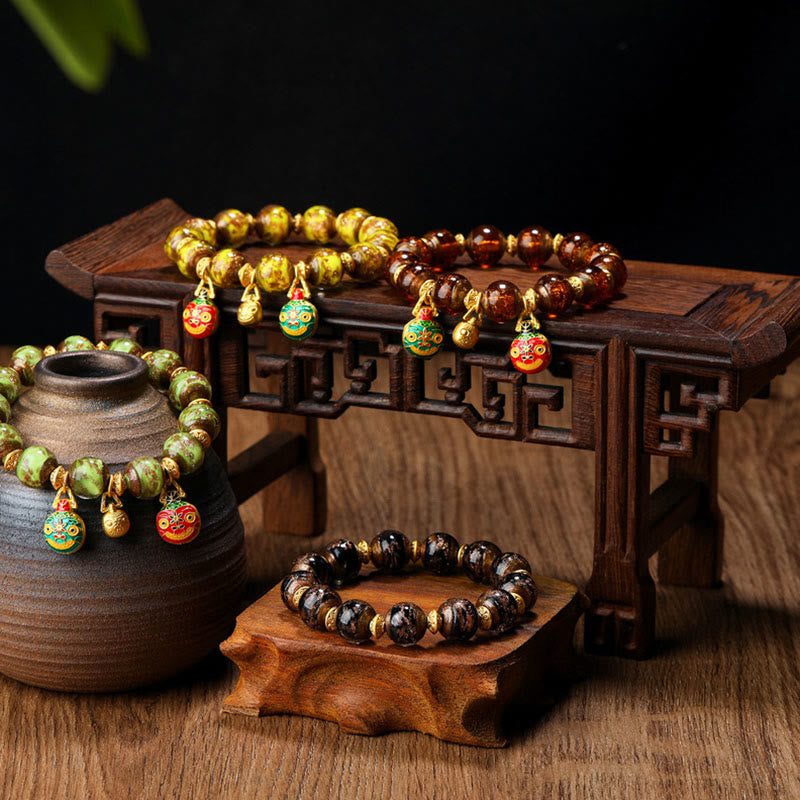 Buddha Stones Gold Schlucktier Familie Charm Liuli Glasperlen Glücksarmband