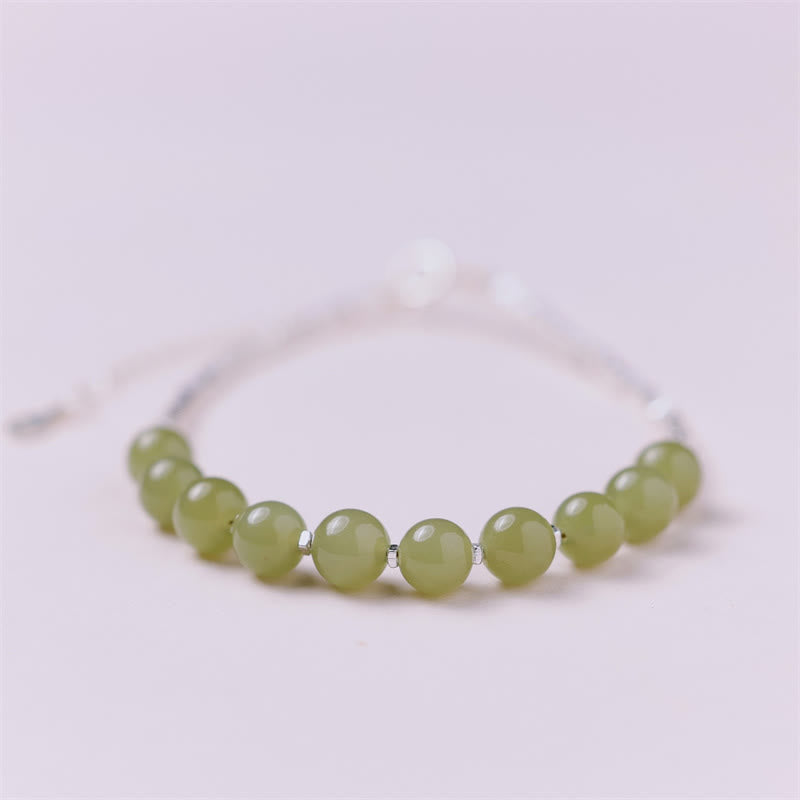 Buddha Stones 925 Sterling Silber Hetian Jade Perlen Glückskettenarmband