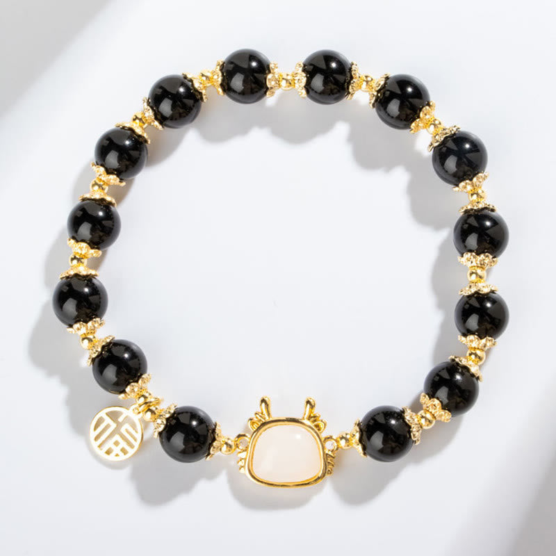 Armband mit Buddha Stonesn, Jahr des Drachen, natürlicher roter Achat, schwarzer Onyx, Glücks-Fu-Charakter