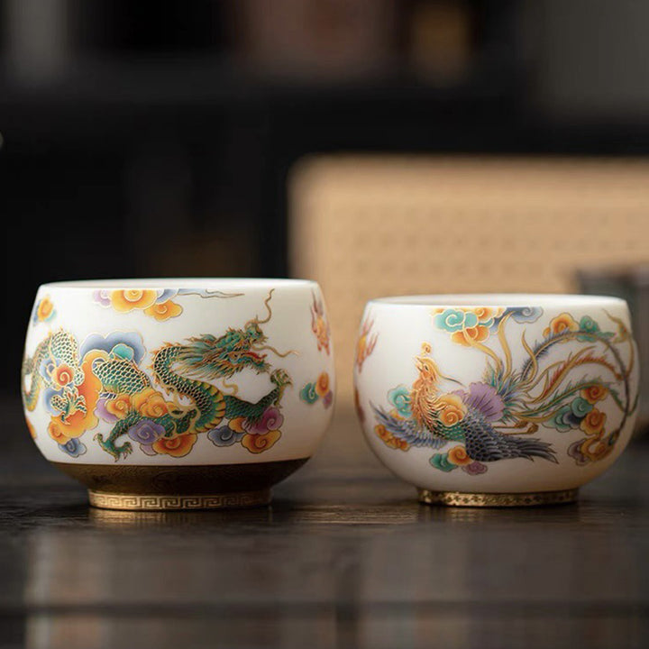 Buddha Stones, Drache, Phönix, verheißungsvolle Wolken, Keramik-Teetasse, Kung-Fu-Teetasse