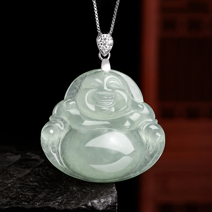 Buddha Stones 925 Sterling Silber natürliche Jade lachender Buddha Wohlstand Fülle Kette Halskette Anhänger