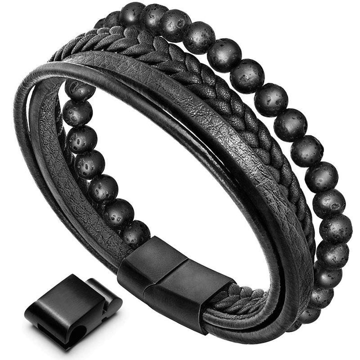 Buddha Stones, natürliches Lavagestein, schwarzes Onyx-Perlen-Lederarmband