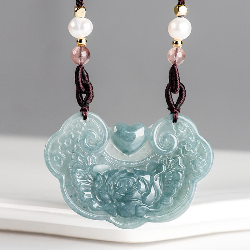 Buddha Stones Halskette mit Anhänger aus natürlicher Jade, Pfingstrose, Blumenschloss der guten Wünsche, Wohlstand