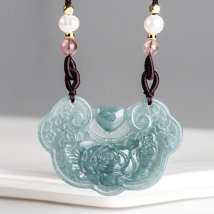 Buddha Stones Halskette mit Anhänger aus natürlicher Jade, Pfingstrose, Blumenschloss der guten Wünsche, Wohlstand