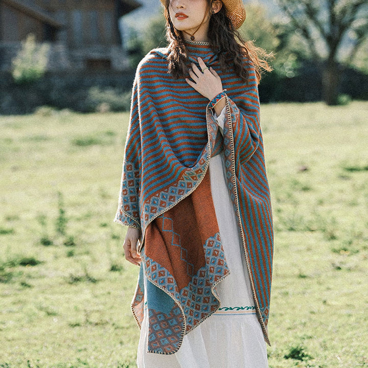 Buddha Stones Tibetischer Schal, gestreift, Rautenmuster, für den Winter, warm, weich