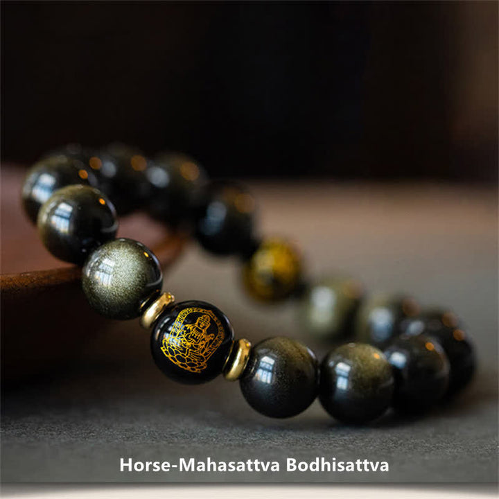 Chinesisches Tierkreis-Natal-Buddha-Goldglanz-Obsidian-Armband zum Schutz des Reichtums