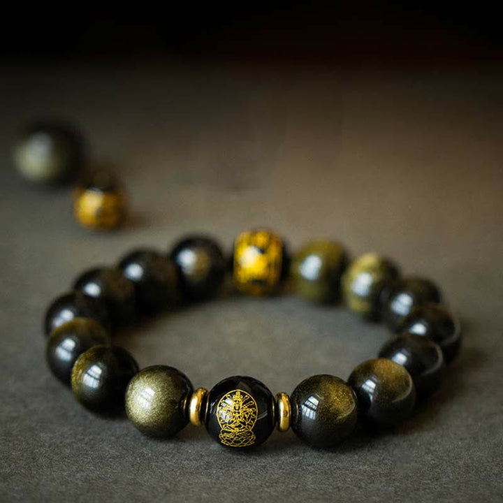 Chinesisches Tierkreis-Natal-Buddha-Goldglanz-Obsidian-Armband zum Schutz des Reichtums