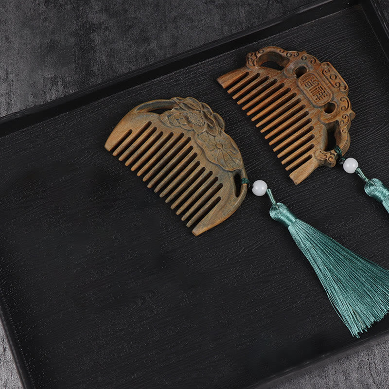 Grüner Sandelholz-Fuchs-Pfingstrosen-Blume-Lotus-Gravur-Quastenkamm