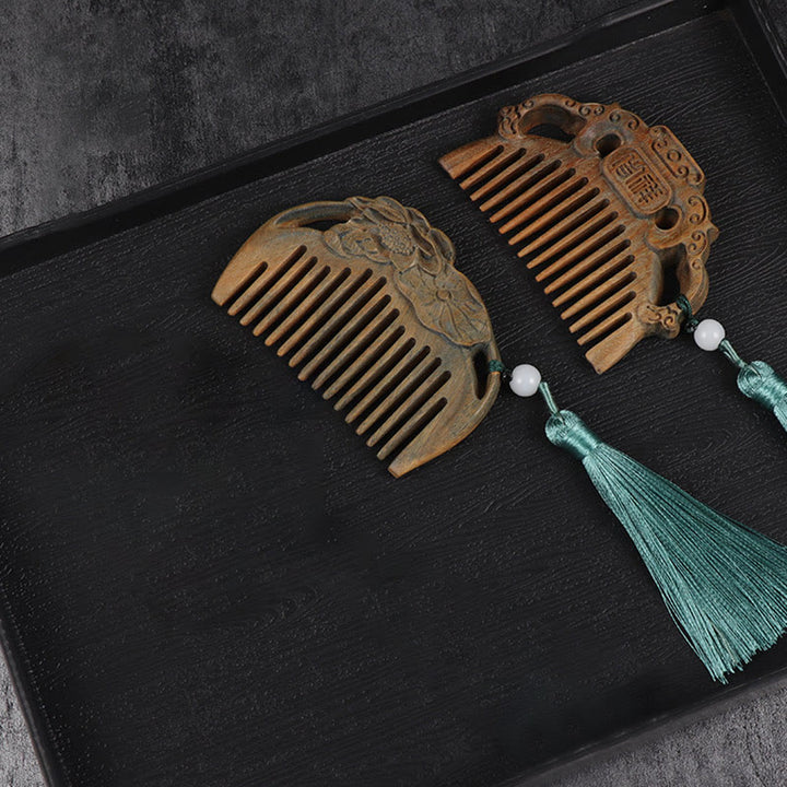 Grüner Sandelholz-Fuchs-Pfingstrosen-Blume-Lotus-Gravur-Quastenkamm