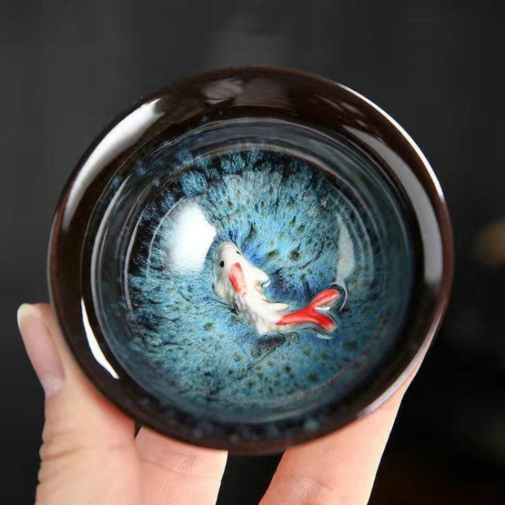 Buddha Stones, kleiner Koi-Fisch, blau, Ofenwechsel, chinesische Jianzhan-Keramik-Teetasse, Kung-Fu-Teetasse, 75 ml
