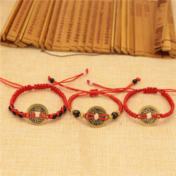 Armband mit Buddha Stonesn, Kupfermünze, Glücksbringer, rote Schnur
