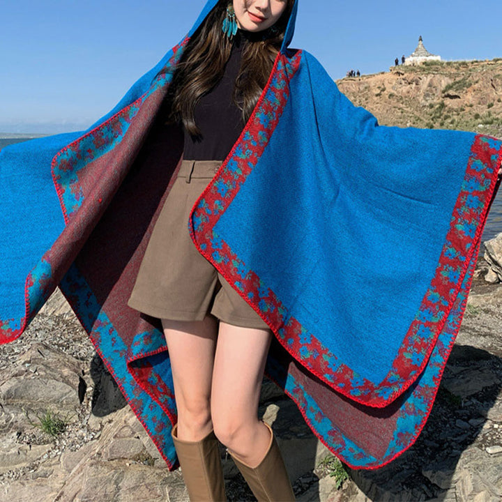 Buddha Stones Tibetischer Schal mit Rand, kleiner Blumen-Kapuzenumhang, gemütlicher Winter-Reiseschal