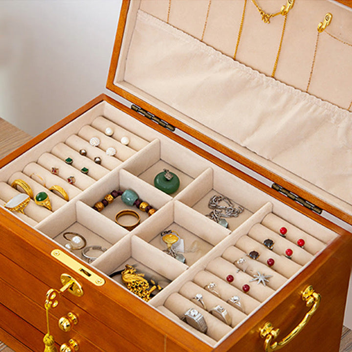 Buddha Stones Retro-Schmuckkästchen aus massivem Holz, vierlagige Schmuckaufbewahrungsbox aus Holz