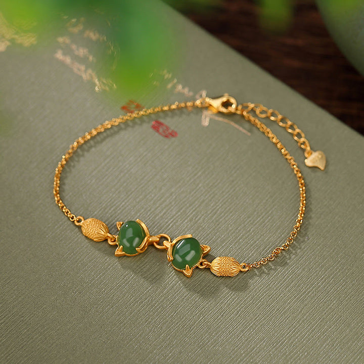 Buddha Stones 925 Sterling Silber Natürliche Hetian Weiß Jade Cyan Jade Schönes Fuchs-Glücksarmband