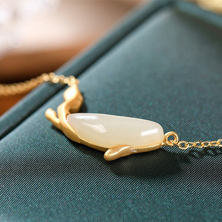 Buddha Stones Halskette mit Anhänger aus 925er-Sterlingsilber, Weiß Jade, Delphin, Glück