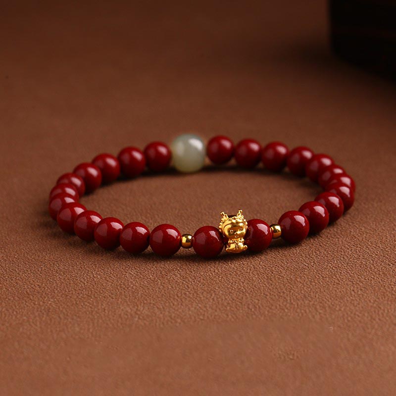 Buddha Stones 999 Gold Jahr des Drachen natürliches Zinnober-Jade-Kupfer-Münze-Fu-Charakter-Segen-Armband