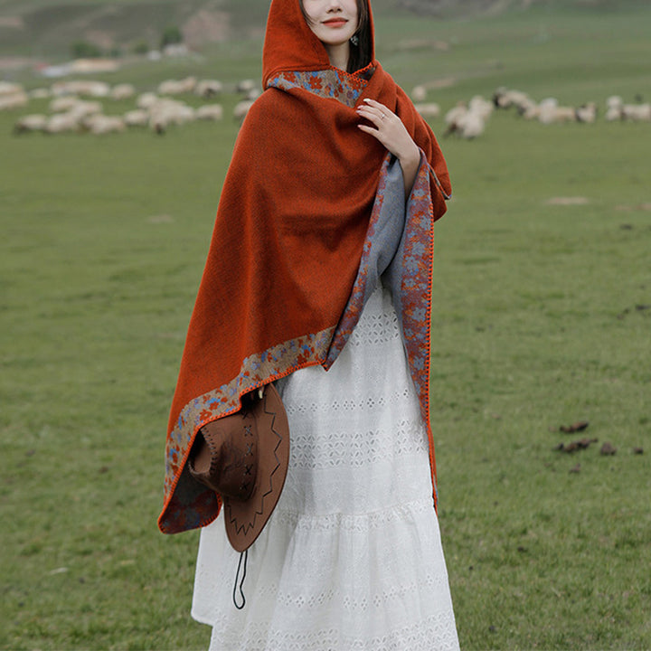 Buddha Stones Tibetischer Schal mit Rand, kleiner Blumen-Kapuzenumhang, gemütlicher Winter-Reiseschal