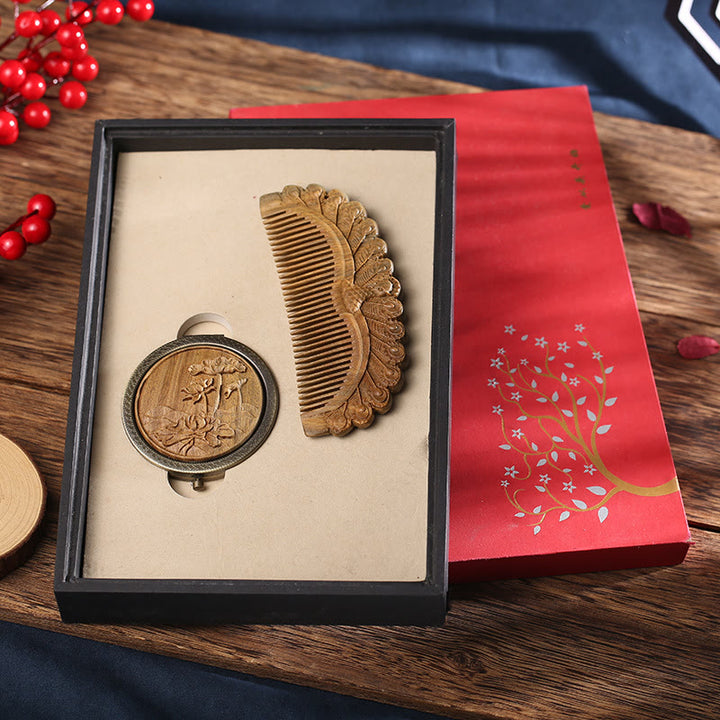 Natürlicher grüner Sandelholz-Palisander-Lotusblüten-Pfauenfalter-Gravur-Beruhigungskamm