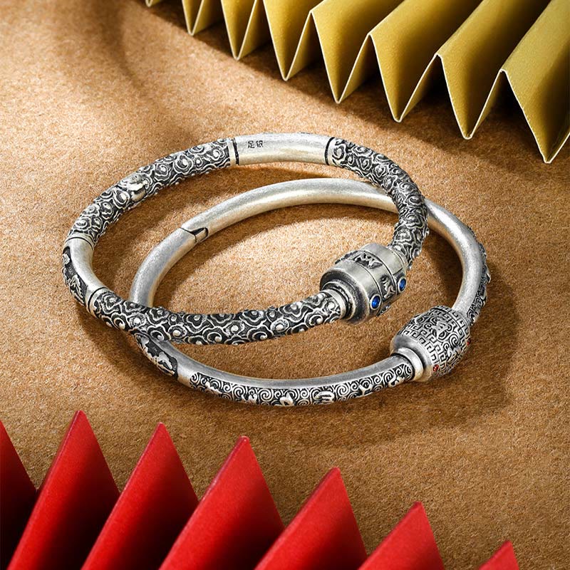 Buddha Stones 990 Sterling Silber Tibetische Glückswolken Om Mani Padme Hum Gravur Kreativität Armband Armreif