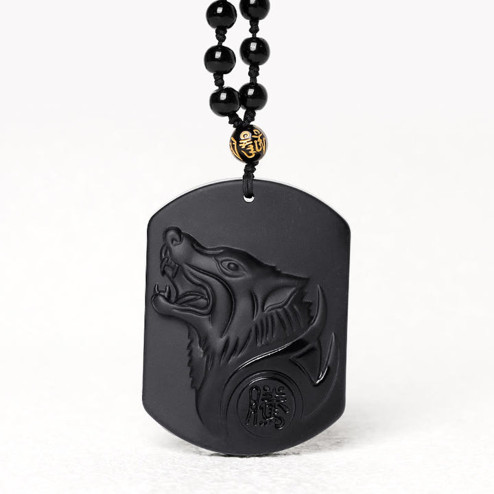 Buddha Stones Schwarzer Obsidian-Stein-Wolf-Reinigungs-Anhänger-Halskette