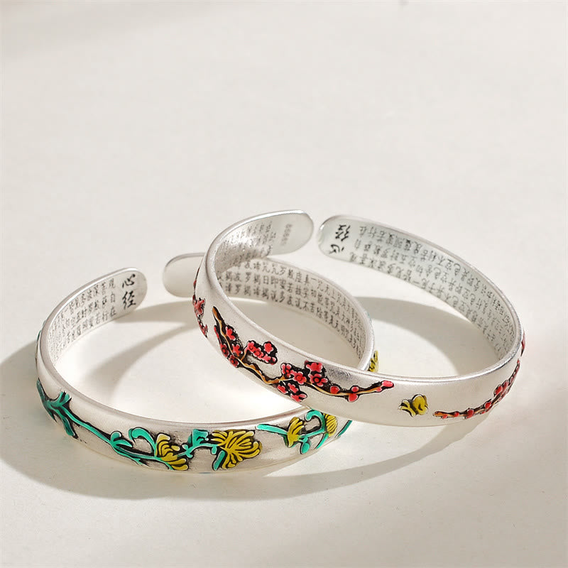 Buddha Stones, Pflaumenblüten-Chrysanthemen-Blumen-Design, Herz-Sutra-Heilarmband, Manschettenarmband