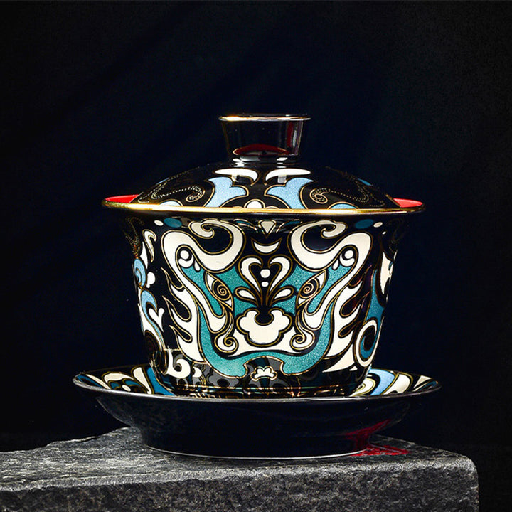 Buddha Stones, Peking-Oper-Maskenmuster, Keramik, Gaiwan-Sancai-Teetasse, Kung-Fu-Teetasse und Untertasse mit Deckel, Teekanne