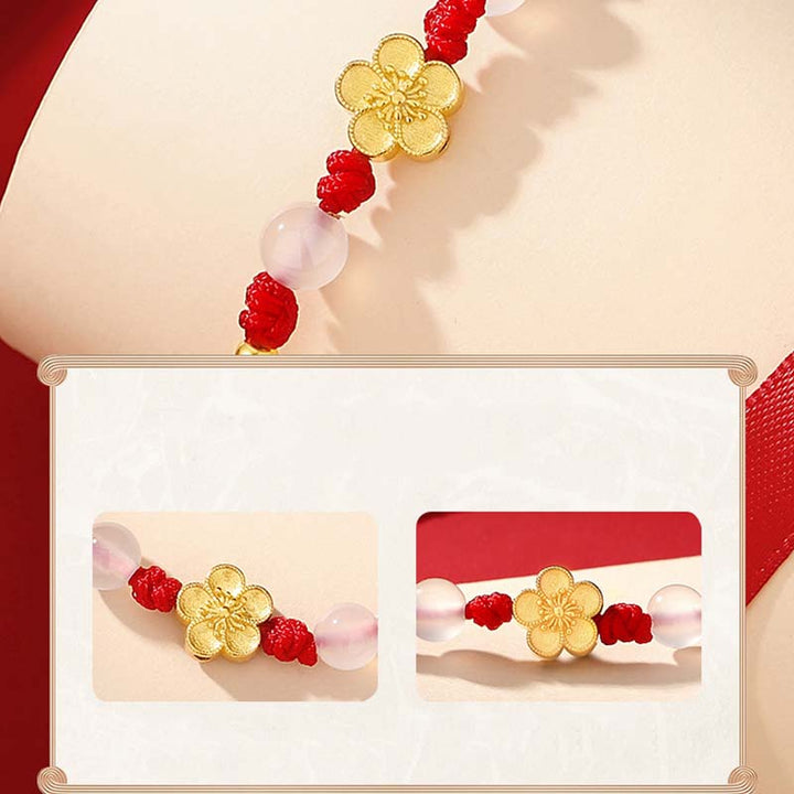 Buddha Stones Handgefertigtes Armband aus 925er-Sterlingsilber, Pfirsichblüte, Kirsche, Sakura, Chalcedonperlen, Glücksbringer, rotes Seil