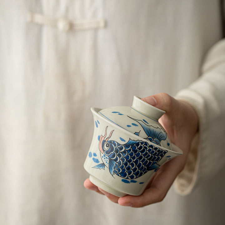 Buddha Stones Koi Fisch Arowana Keramik Gaiwan Sancai Teetasse Kung Fu Teetasse mit Deckel 130 ml
