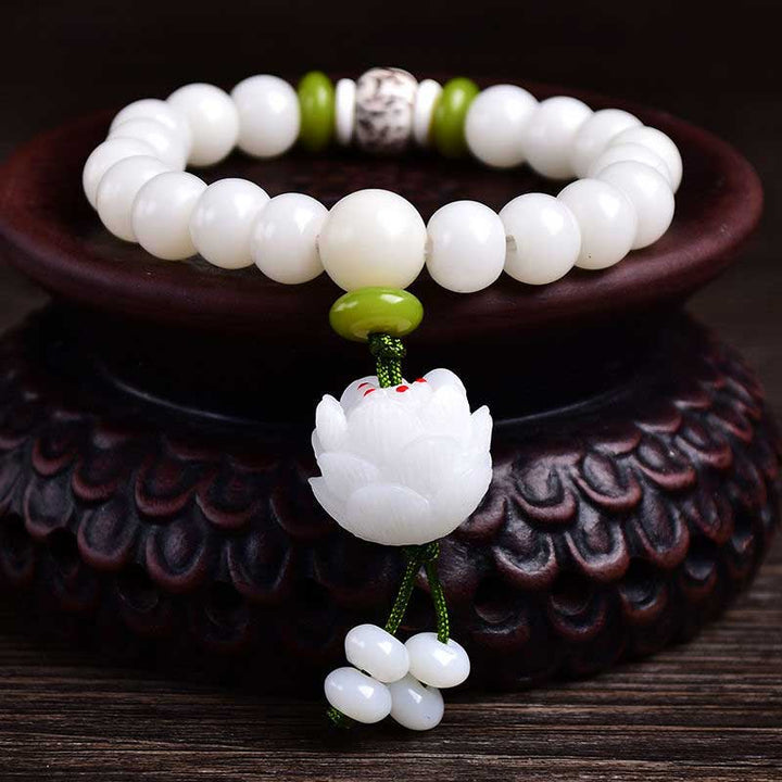 Buddha Stones Lotus Weiß Bodhi-Samen-Glücksarmband