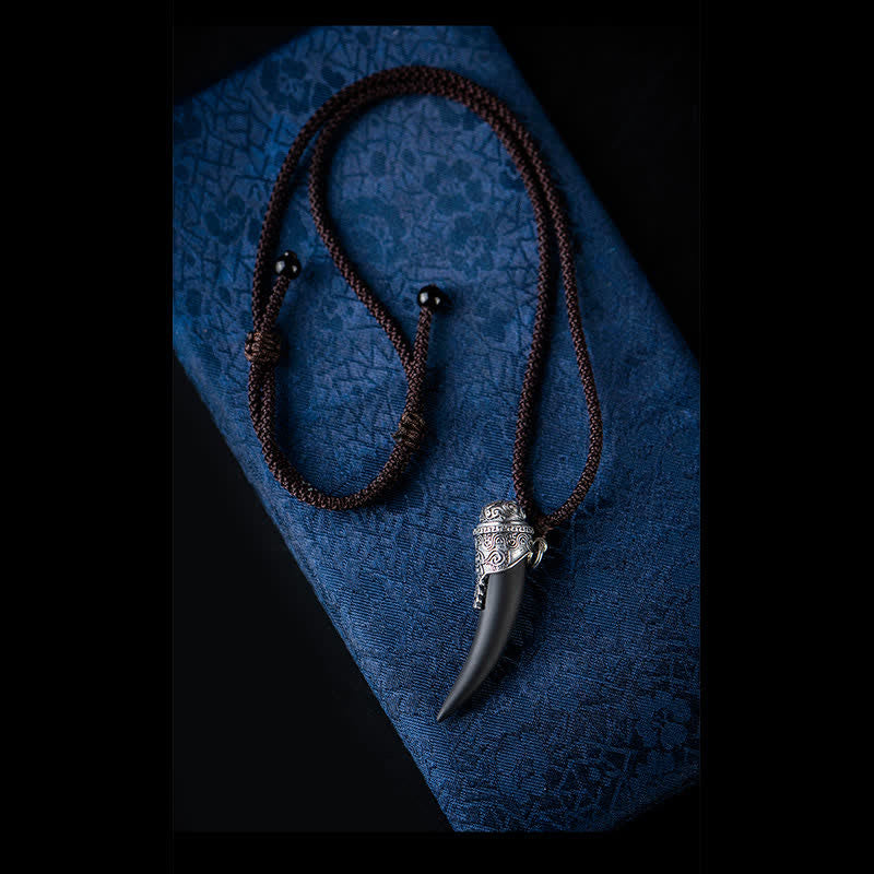 925 Sterling Silber Schwarzer Obsidian Wolfszahnmuster Stärke Halskettenanhänger