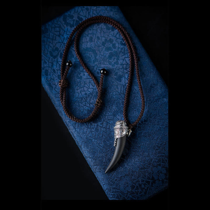 925 Sterling Silber Schwarzer Obsidian Wolfszahnmuster Stärke Halskettenanhänger