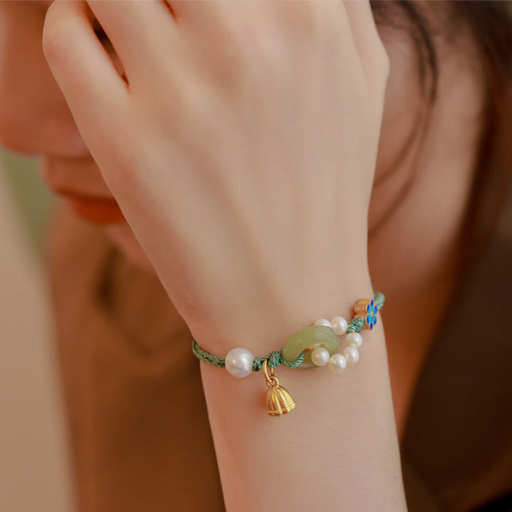 Buddha Stones Natürliche Hetian Jade Friedensschnalle Perle Glück Handgefertigtes geflochtenes Armband