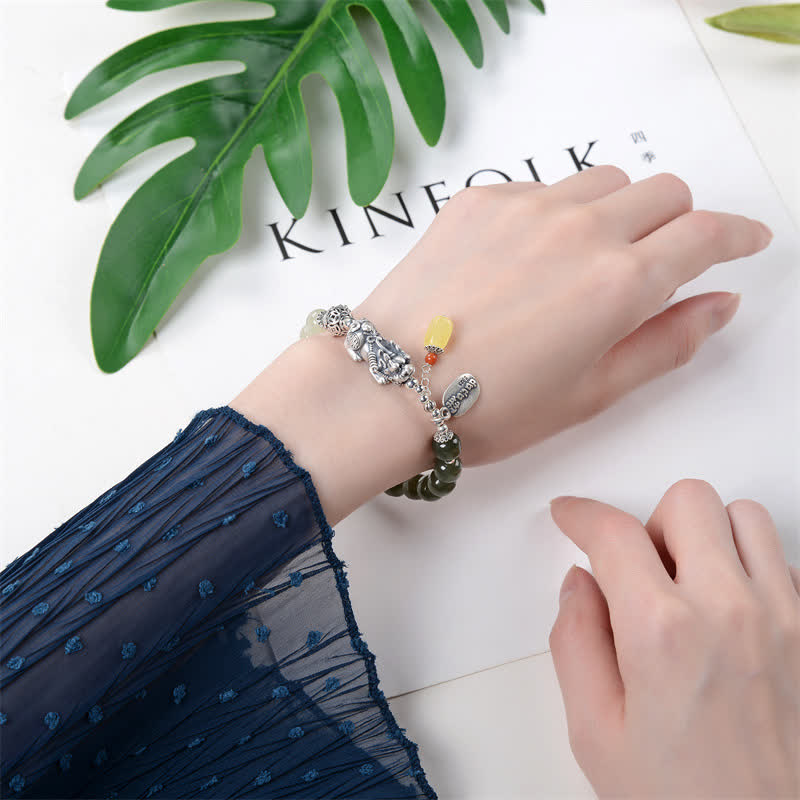 PiXiu-Glücksarmband aus 925er-Sterlingsilber mit natürlichem Hetian-Jade-Bernstein