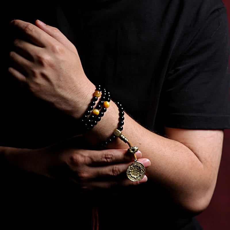 Buddha Stones, tibetische 108 Mala-Perlen, schwarzer Onyx, Tigerauge-Perlen, neun Paläste, Bagua-Schutzarmband