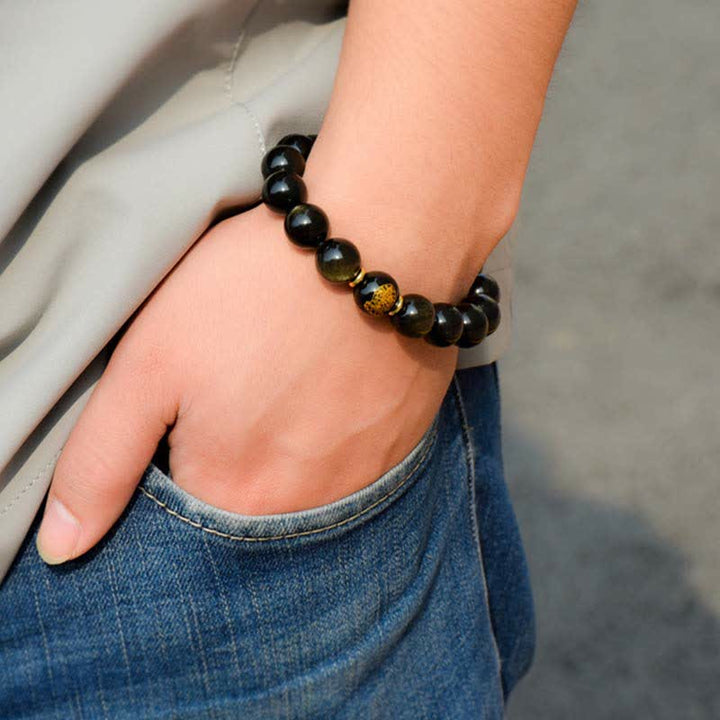 Chinesisches Tierkreis-Natal-Buddha-Goldglanz-Obsidian-Armband zum Schutz des Reichtums