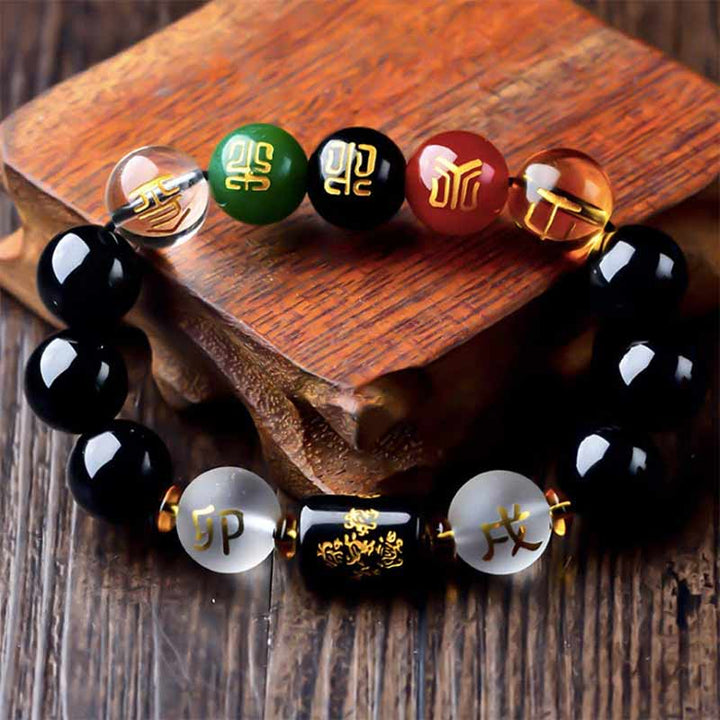 Buddha Stones Chinesisches Sternzeichen Feng Shui Obsidian Fünf-Elemente-Armband Reichtum Porsperity