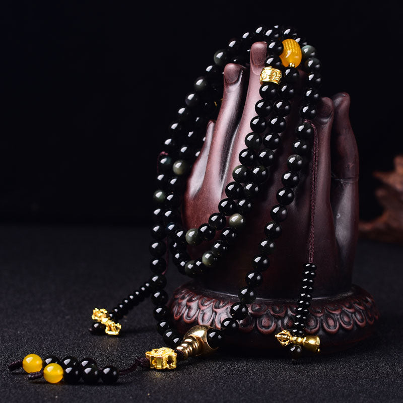 Buddha Stones, 108 Perlen, natürlicher schwarzer Obsidian, Lotus-Erfüllungs-Mala-Armband